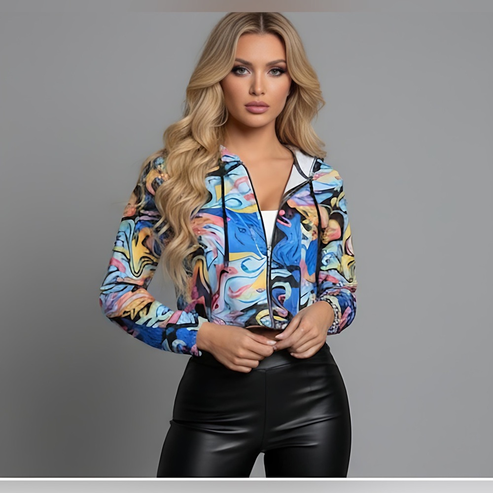 Blue Print Zip Up Crop Hoodie